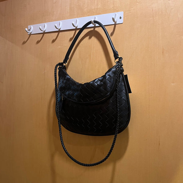 Zipper Pocket Detail Black Woven Cross Body Bag