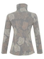 Leaf Print Zip Split Collar Pullover