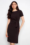 Cotton Boat Neck Dress w/ Front Tie - Black