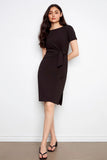 Cotton Boat Neck Dress w/ Front Tie - Black