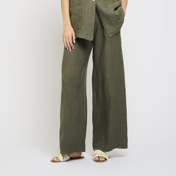 High Waisted Linen Pants - Green Vine