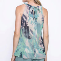 Sleeveless Pleated Jade Top - Watercolour Flowers