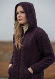 Ladder Stitch Hooded Merino Wool Coat w/ Celtic Knot Zipper - Damson