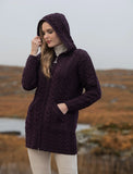Ladder Stitch Hooded Merino Wool Coat w/ Celtic Knot Zipper - Damson