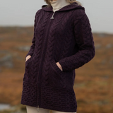 Ladder Stitch Hooded Merino Wool Coat w/ Celtic Knot Zipper - Damson