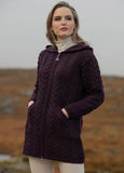 Ladder Stitch Hooded Merino Wool Coat w/ Celtic Knot Zipper - Damson