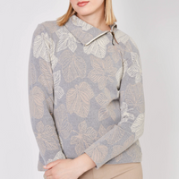 Leaf Print Zip Split Collar Pullover