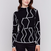 Reversible Jacquard Mock-Neck Fitted Sweater - Black & Cream