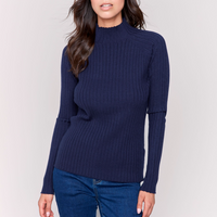 Mock Neck Ribbed Fine Knit - Navy