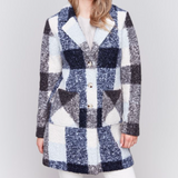 Bouclé Tailored Collar Coat - Navy Plaid