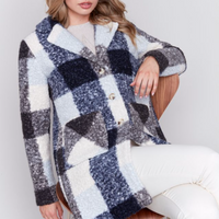 Bouclé Tailored Collar Coat - Navy Plaid