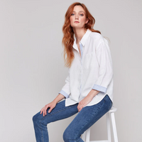 Linen Blend Drop Shoulder Shirt with Striped Cuffs