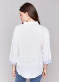 Linen Blend Drop Shoulder Shirt with Striped Cuffs