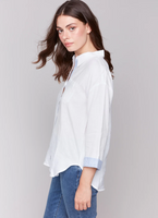 Linen Blend Drop Shoulder Shirt with Striped Cuffs