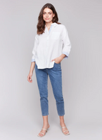 Linen Blend Drop Shoulder Shirt with Striped Cuffs