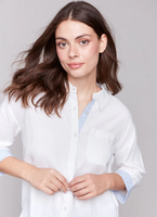 Linen Blend Drop Shoulder Shirt with Striped Cuffs