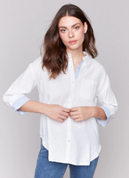 Linen Blend Drop Shoulder Shirt with Striped Cuffs