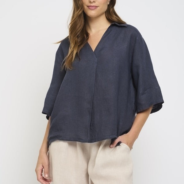 Linen Half Sleeve Pullover - Midnight Navy