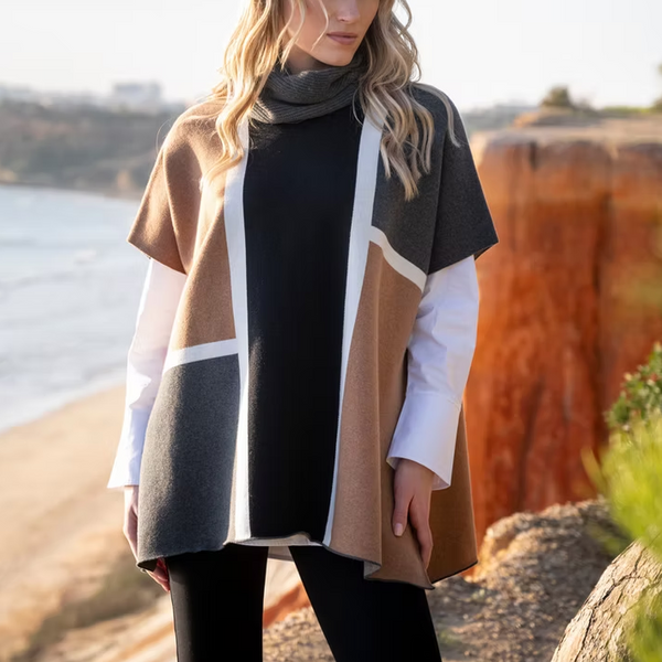 Tobacco Colour Block Poncho with Scarf