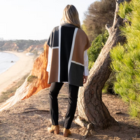 Tobacco Colour Block Poncho with Scarf