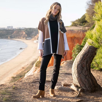 Tobacco Colour Block Poncho with Scarf