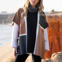 Tobacco Colour Block Poncho with Scarf