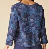 Crinkle Crepe Scattered Leaves Pleat Top - Navy