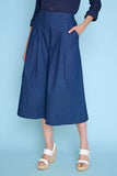 Deep Denim Pleated Wide-Leg Cropped Pant