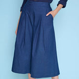 Deep Denim Pleated Wide-Leg Cropped Pant