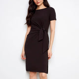 Cotton Boat Neck Dress w/ Front Tie - Black