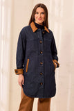 Quilted Denim Suede Trim Button-Front Coat