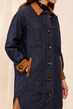Quilted Denim Suede Trim Button-Front Coat