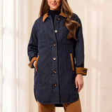 Quilted Denim Suede Trim Button-Front Coat