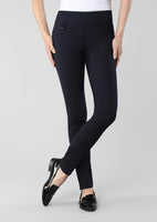Pull-on black slim leg pant with tummy control waistband that gives every shape the most flattering fit. A comfortable, soft material that is perfect to wear at work, on your days off, or just while running errands in the fall/winter. This the perfect basic black pant for your wardrobe.