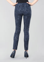 Pull-on slim leg navy pant with tummy control waistband that gives every shape the most flattering fit. A comfortable material with a subtle leopard print that is perfect to wear at work, on your days off, or just while running errands. 