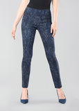 Pull-on slim leg navy pant with tummy control waistband that gives every shape the most flattering fit. A comfortable material with a subtle leopard print that is perfect to wear at work, on your days off, or just while running errands.